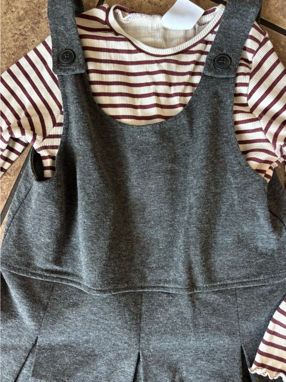 Girls Zara Cream and Burgundy Striped Top with Charcoal Pinafore Detail